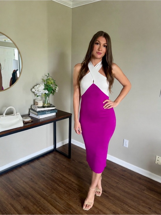 Lush Dresses & Skirts - Lush Cream and Fuchsia Crisscross Knit Halter Midi Dress